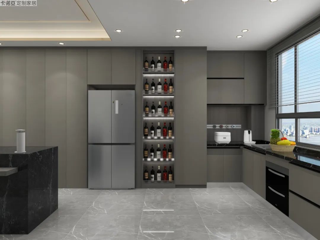 另一側(cè)櫥柜內(nèi)嵌洗碗機(jī)，安裝高度適中方便操作